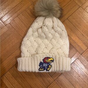 KU Cream Knit Pom-Pom Beanie